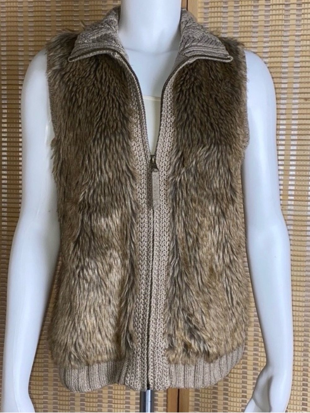 Chunky Knit Faux Fur Bohemian Zip Up Vest Fenn Wright Manson Size Large